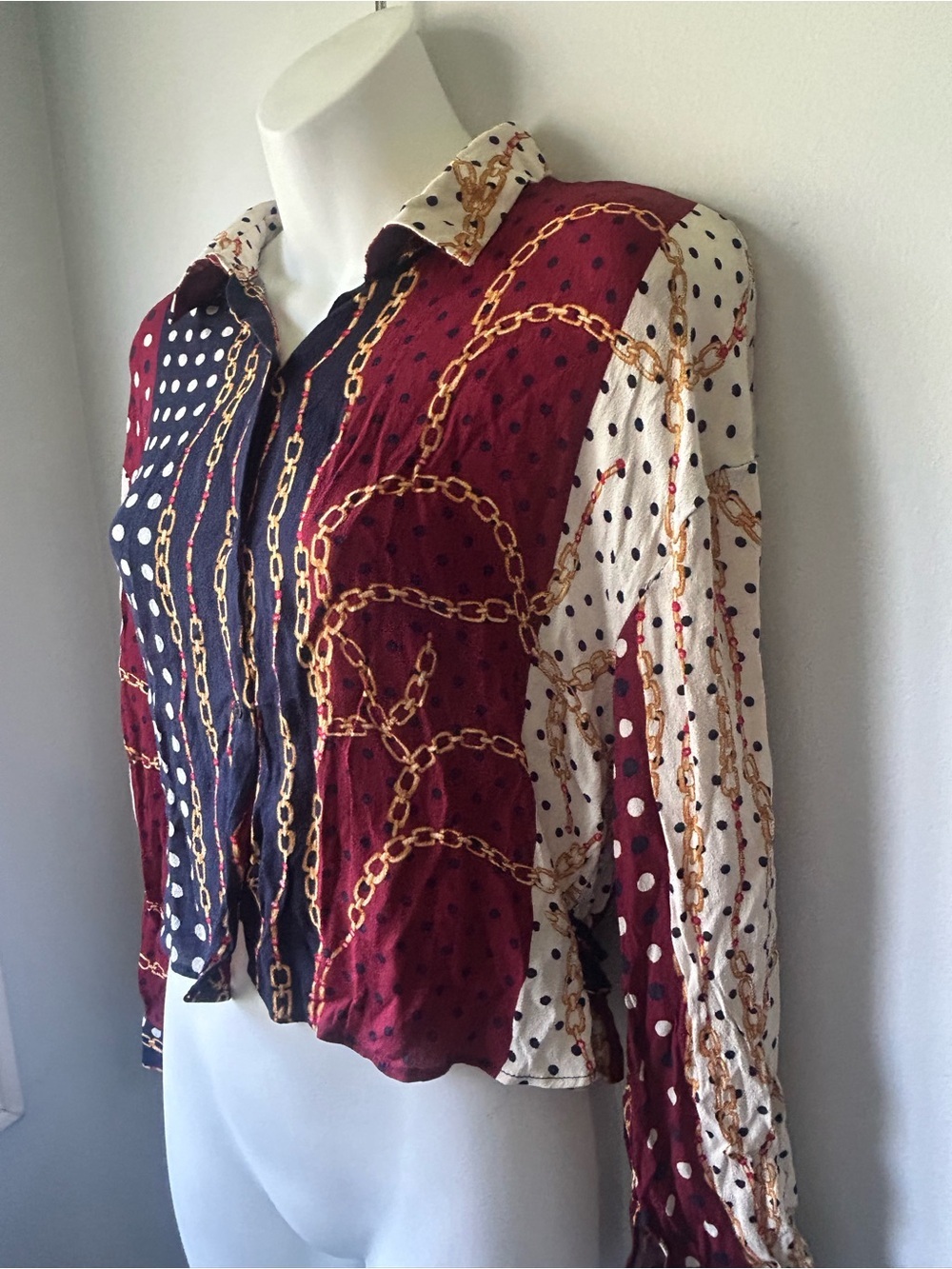 Mixed Print Button-Down Blouse in Burgundy, Navy & White - Picture 4 of 10